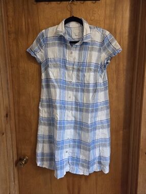 J.Jill Love Linen Light Blue and White Plaid Button-Up Shirt Dress Size S Tall